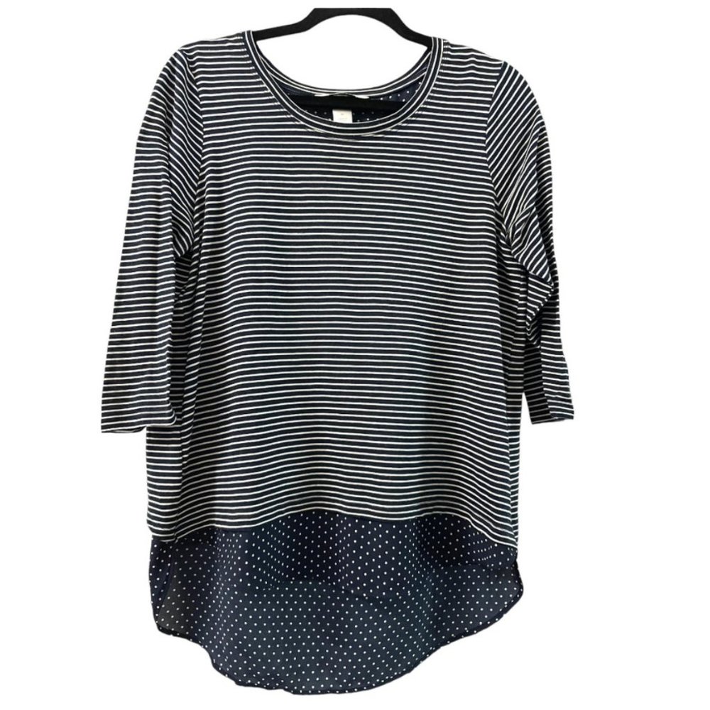 Christopher & Banks 3/4 Sleeve Striped & Polka Dot Blouse Blue/White Medium